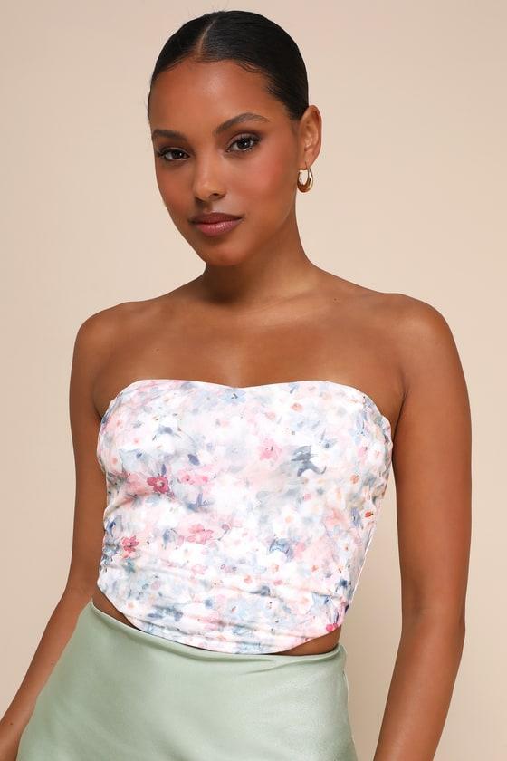 Sweet Certainty Blush Pink Multi Floral Mesh Strapless Crop Top Product Image