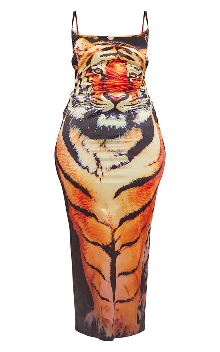 Shape Orange Satin Tiger Print Strappy Maxi Dress Product Image