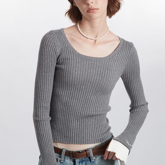 Long Sleeve Scoop Neck Two Tone Panel Ribbed Knit Top Product Image