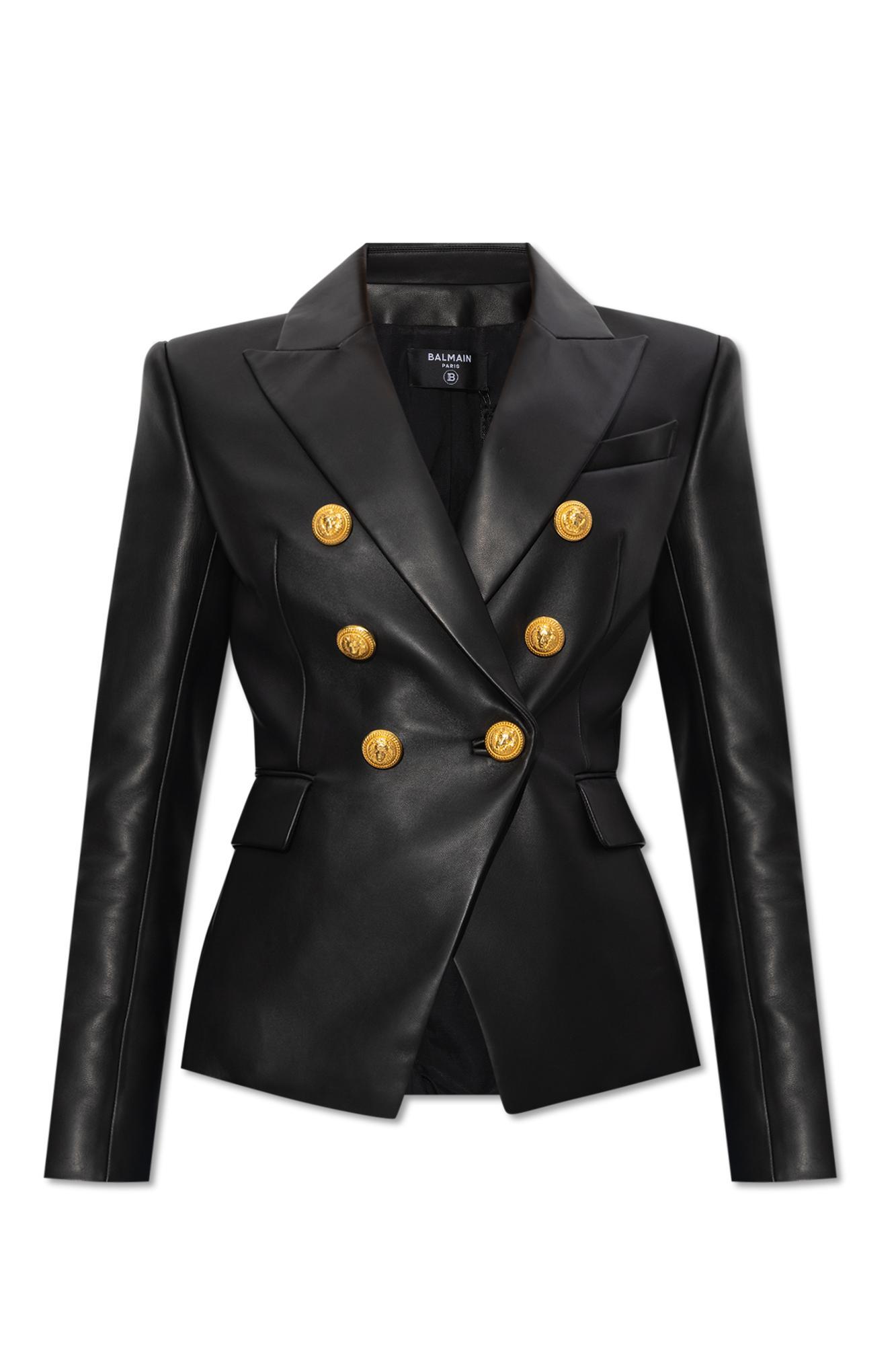 Women's Double-breasted Leather Blazer In Black Product Image