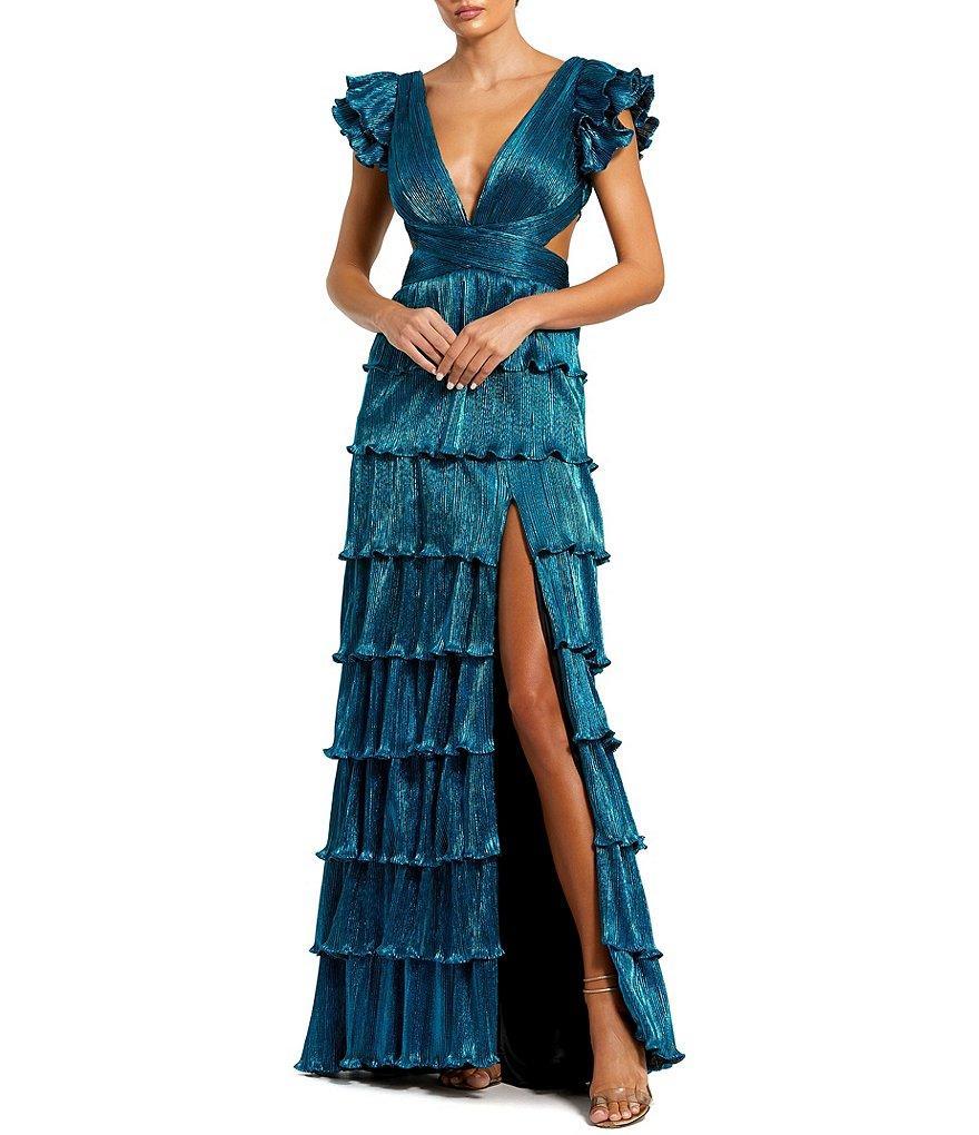 Ieena for Mac Duggal Deep V-Neck Ruffle Shoulder Cap Sleeve Side Cut-Out Tiered Thigh High Slit Gown Product Image