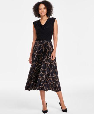 Anne Klein Womens Cowlneck Chain Trim Knit Top Chain Print Pull On Pleated Midi Skirt Product Image