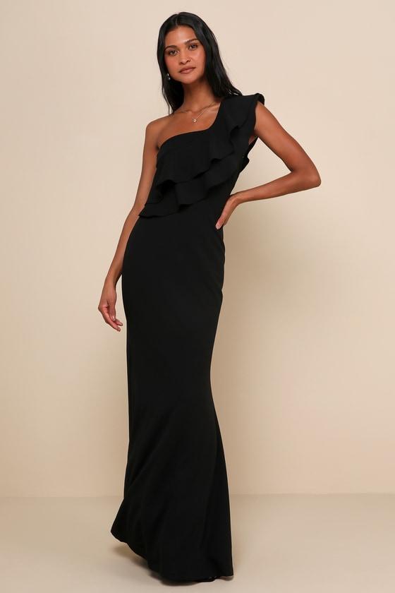 Grand Beauty Black Ruffled One-Shoulder Mermaid Maxi Dress Product Image