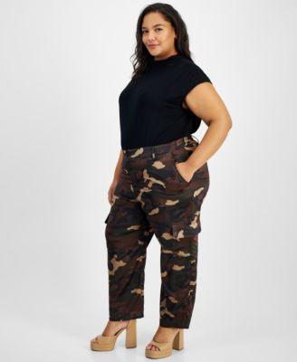 Trendy Plus Size Satin Camo-Print Cargo Pants, Created for Macy's Product Image