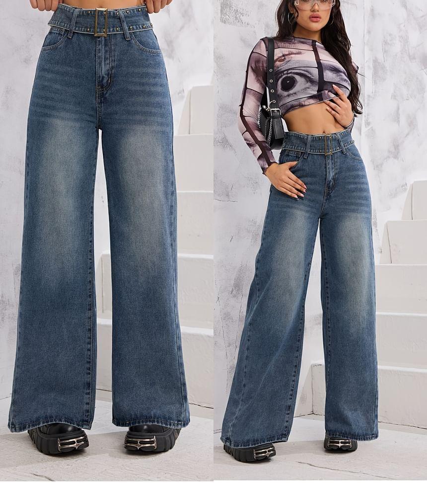 High Waist Washed Wide Leg Jeans Product Image