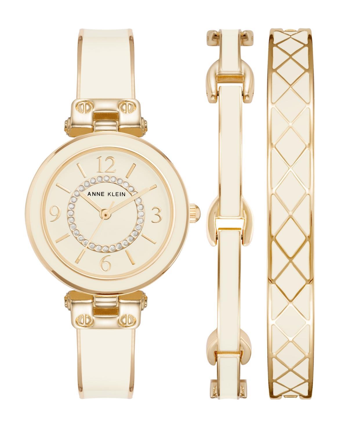 Anne Klein Womens Gold-Tone Alloy Bangle Enamel and Crystal Accents Fashion Watch 33mm Set 3 Pieces - Gold-Tone, White Product Image