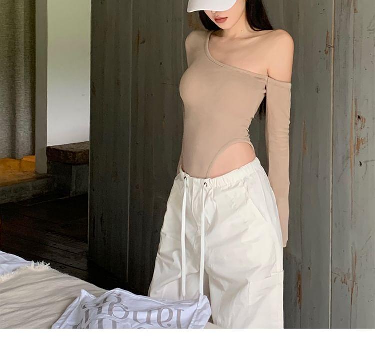 Long-Sleeve Off-Shoulder Plain Bodysuit Top Product Image