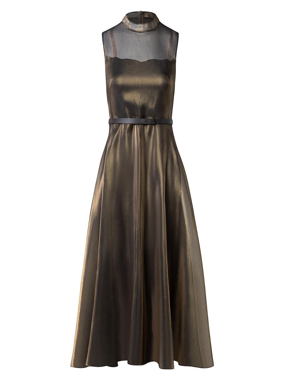 Womens Metallic Silk-Blend Fit & Flare Sleeveless Midi-Dress Product Image