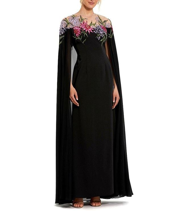 Mac Duggal Floral Beaded Embroidered Illusion Crew Neck Long Sheer Cape Gown Product Image