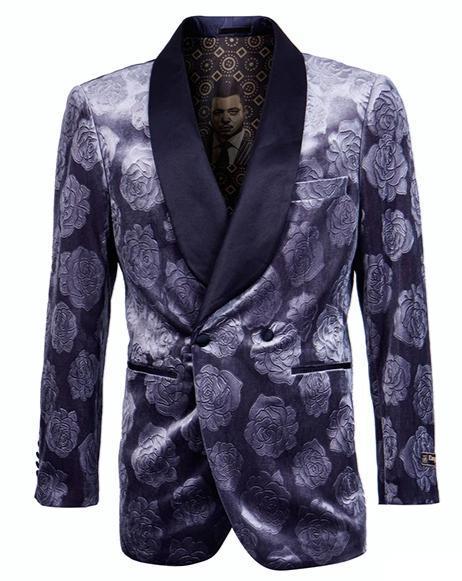 Empire Collection - Slim Fit Royal Blue Floral Pattern Double Breasted Blazer Product Image