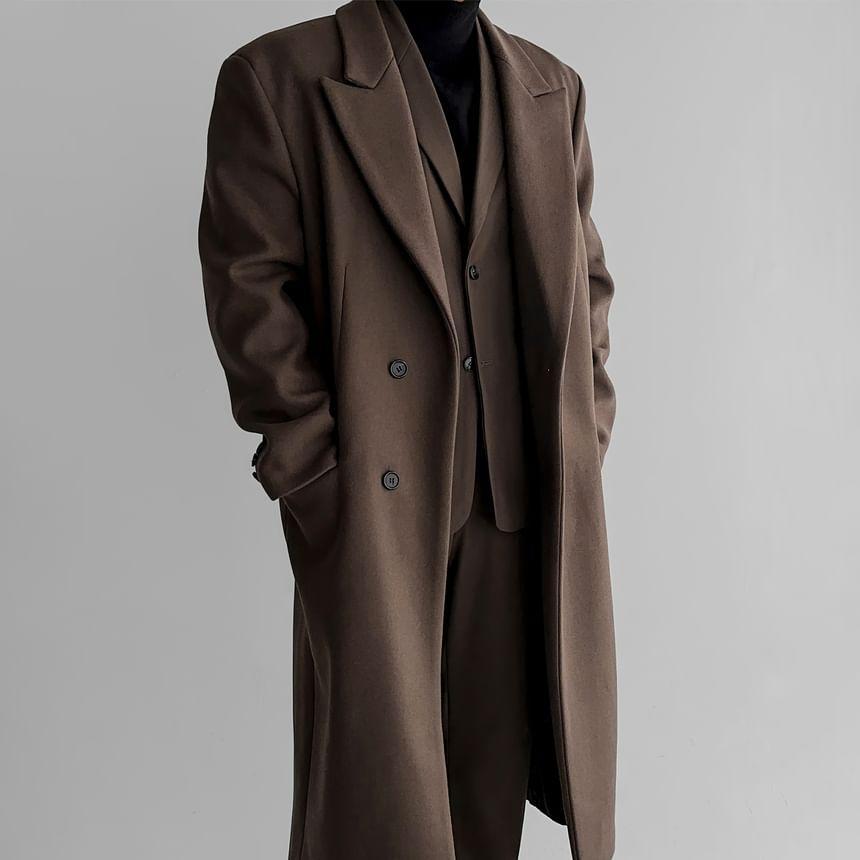 Peak Lapel Plain Button-Up Long Coat Product Image