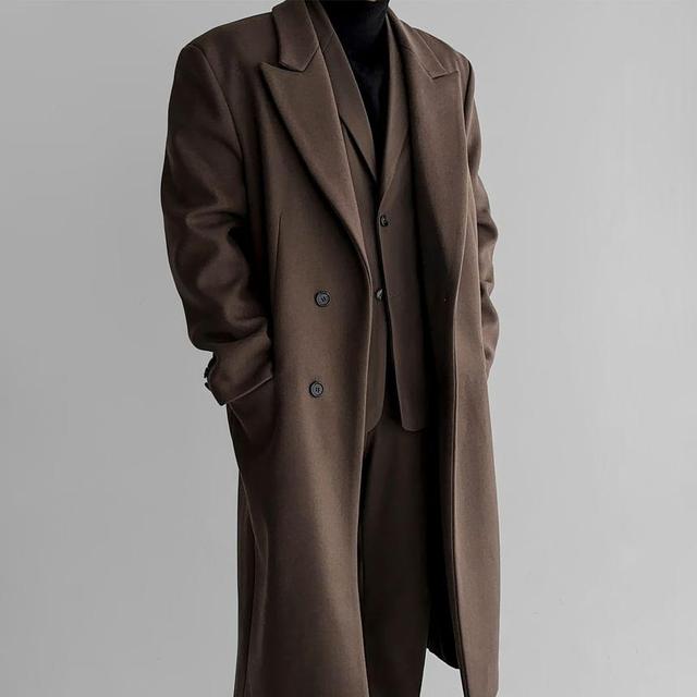 Peak Lapel Plain Button-Up Long Coat Product Image