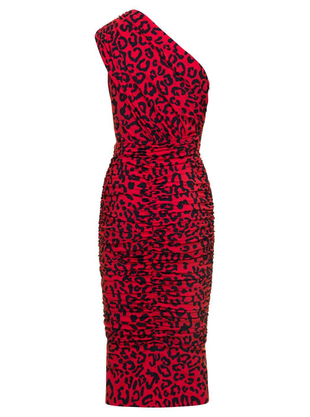 DOLCE & GABBANA Red One-shoulder Leopard-print Midi Dress In Jersey Woman Product Image