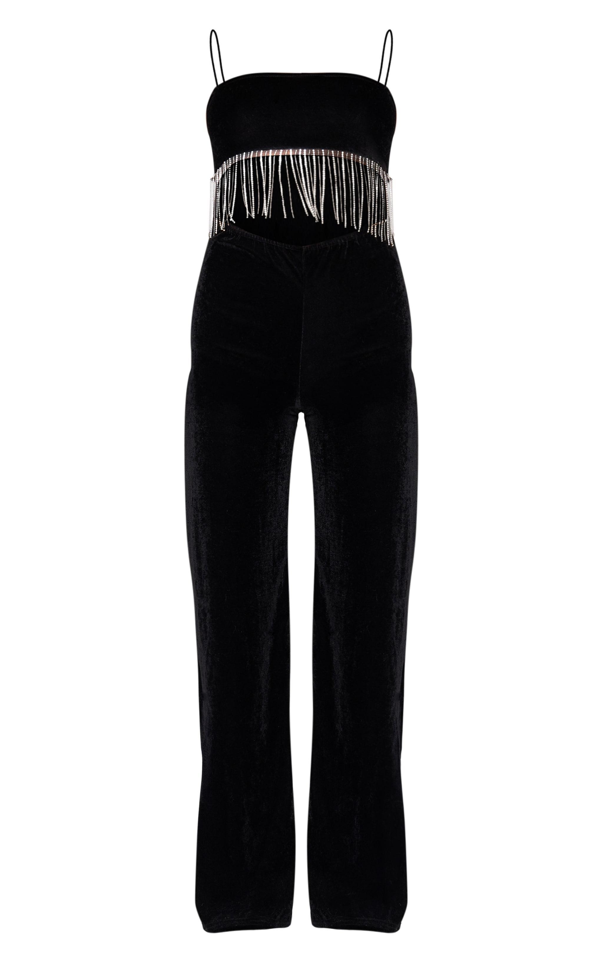 Black Velvet Diamante Tassel Cut Out Strappy Jumpsuit Product Image