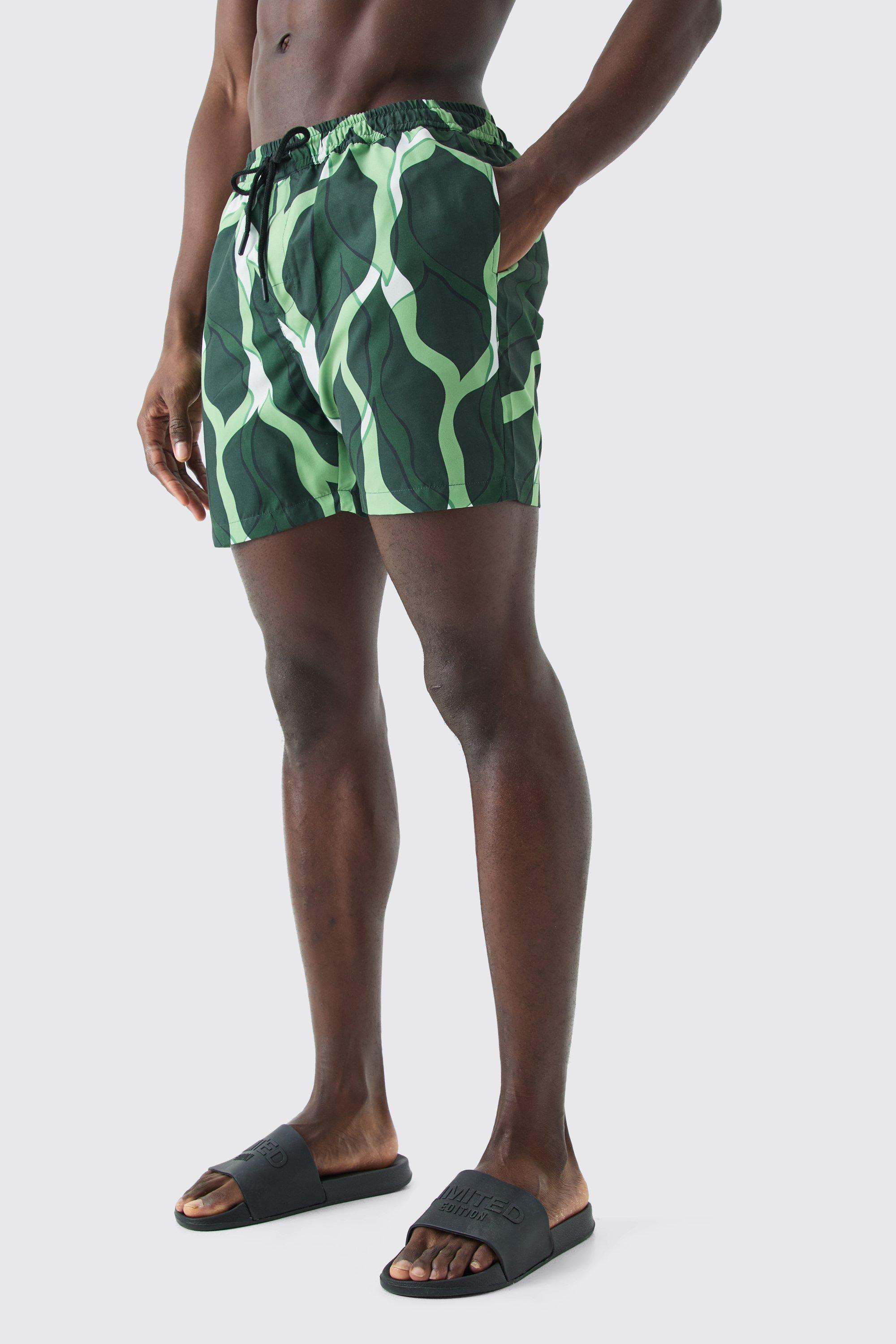 Mens Green Mid Length Leaf Swim Short, Green Product Image