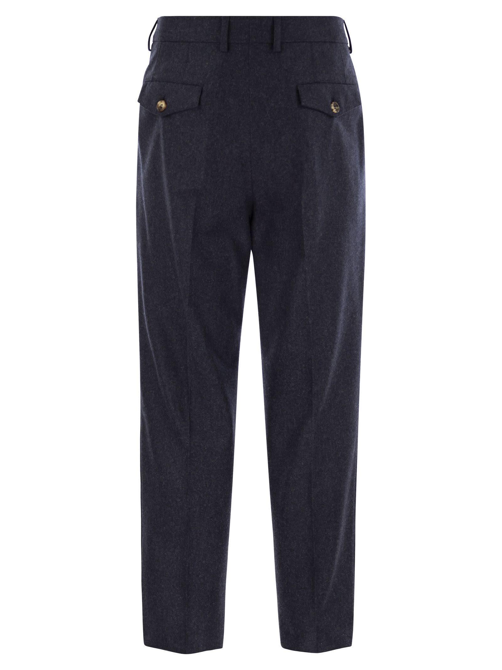 BRUNELLO CUCINELLI Leisure Fit Trousers In Virgin Wool Flannel With Double Darts In Night Blue Product Image