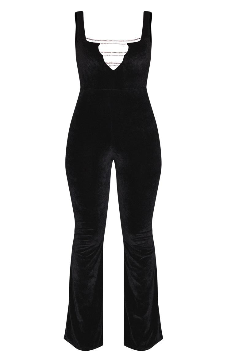 Black Diamante Strap Detail Plunge Velvet Jumpsuit Product Image