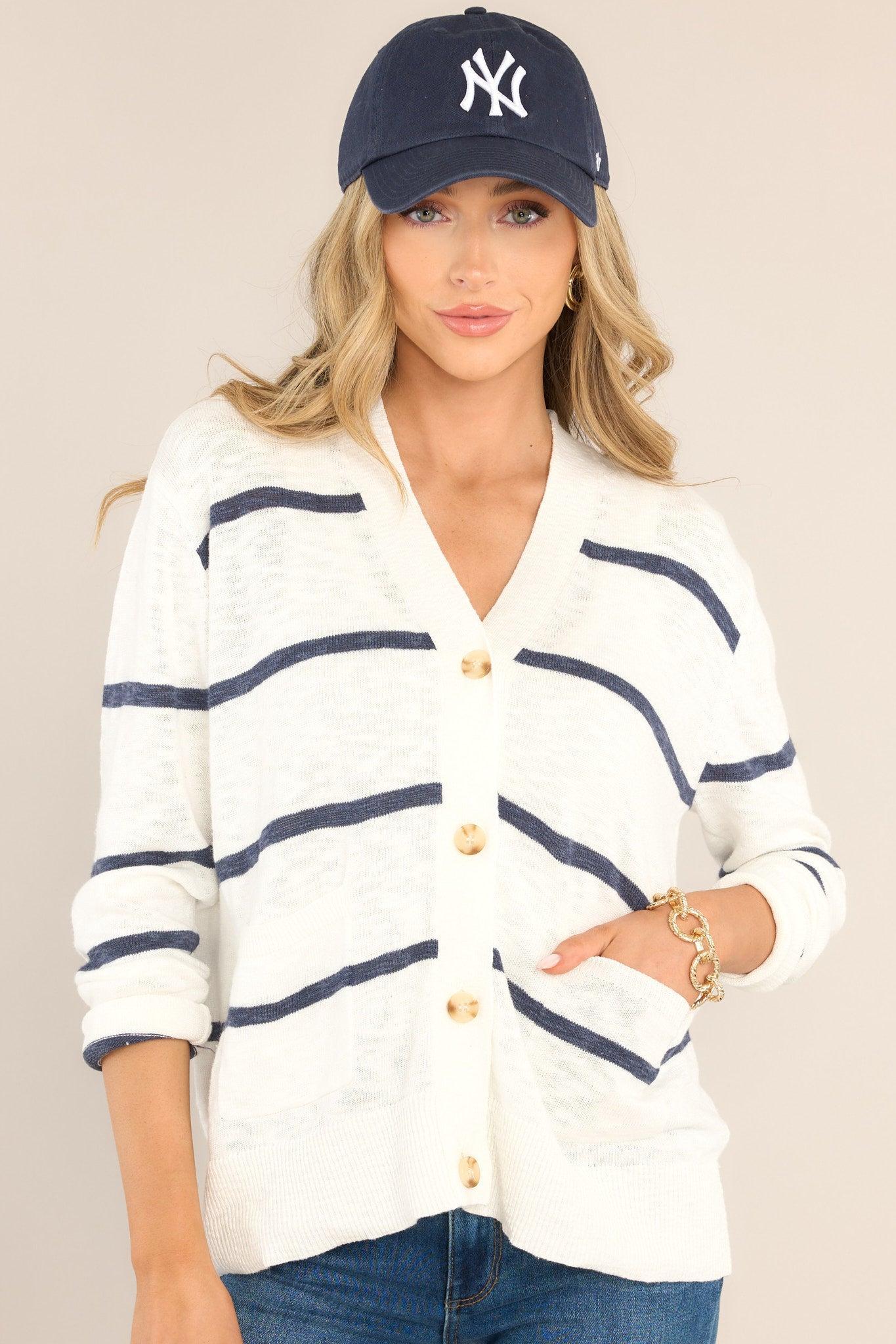 Second Chance White & Navy Striped Cardigan Product Image