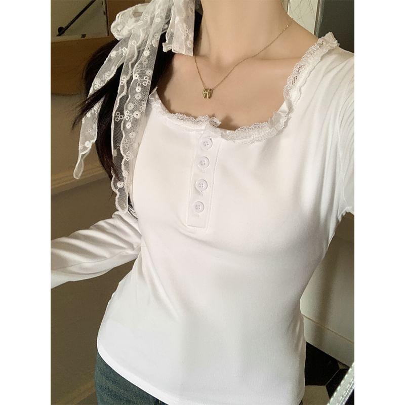 Long Sleeve Henley Scoop Neck Plain Crop Tee Product Image