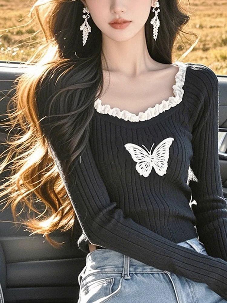 Long-Sleeve Square Neck Butterfly Print Contrast Trim Ribbed Knit Top Product Image