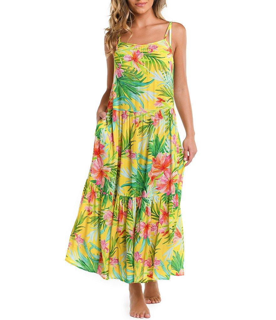 La Blanca Calypso Bloom Tropical Print Square Neck Tiered Midi Dress Swim Cover-Up Product Image