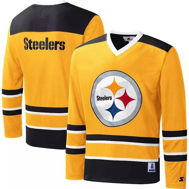 Mens Starter Pittsburgh Steelers Cross-Check V-Neck Long Sleeve T-Shirt Product Image