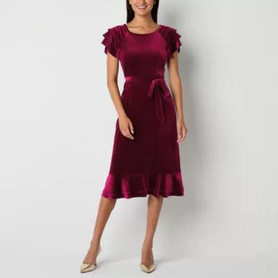 Perceptions Womens Short Sleeve Midi Fit + Flare Dress Product Image