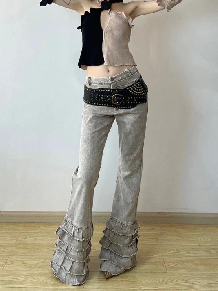 Low Waist Washed Ruffle Flared Jeans Product Image