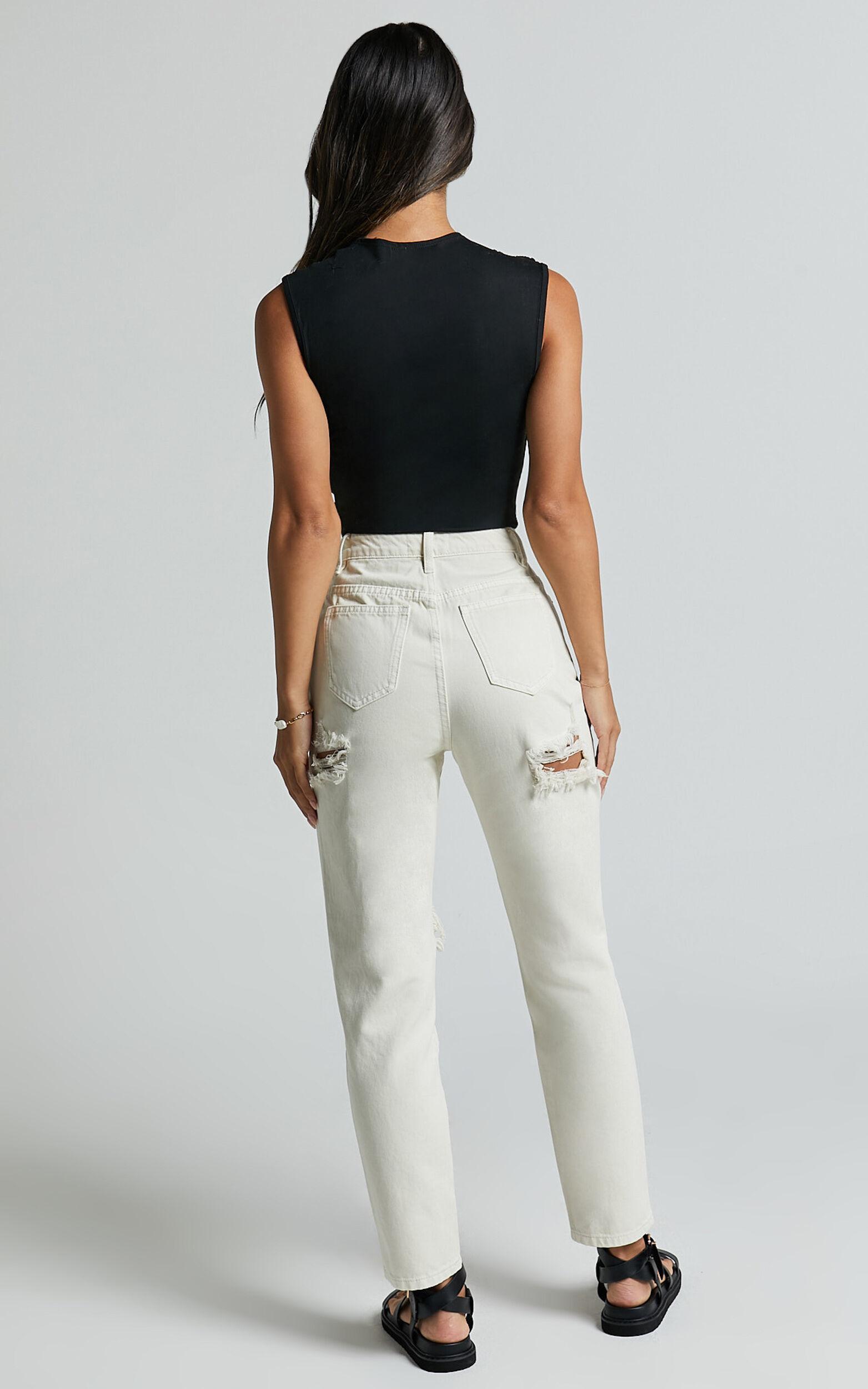 Billie Jeans - High Waisted Cotton Distressed Mom Denim Jeans in Ecru Product Image