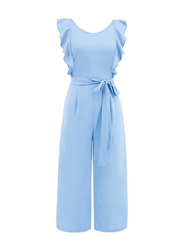 Loose Sleeveless Pleated Solid Color Tied Waist Round-Neck Jumpsuits Product Image