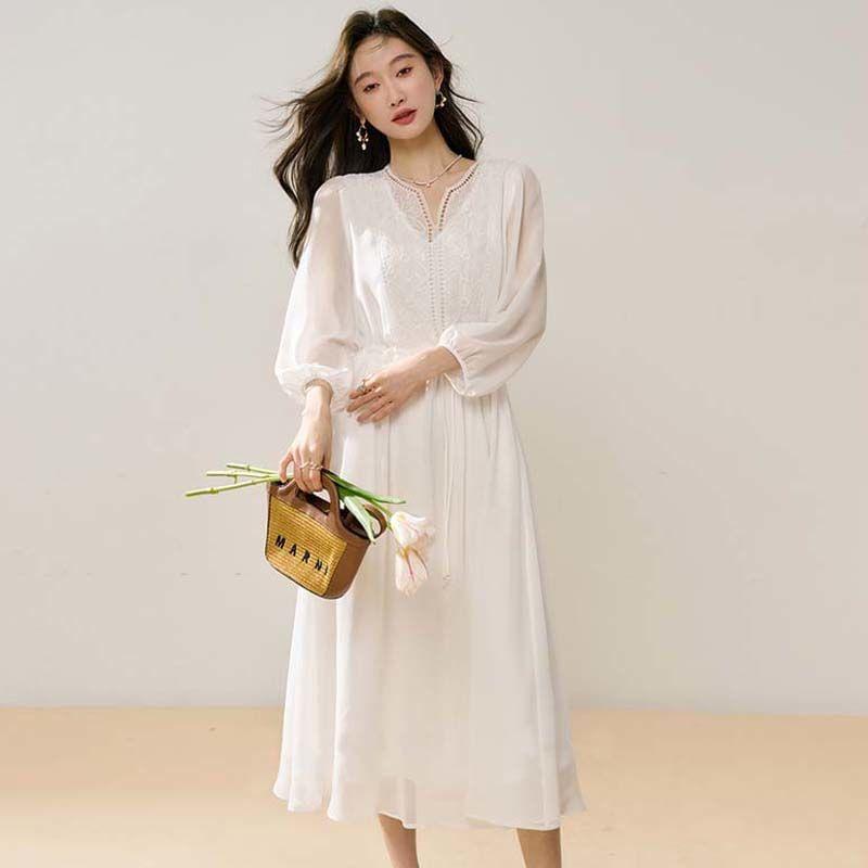 Puff-Sleeve Floral Embroidered Lace Trim Midi A-Line Dress Product Image