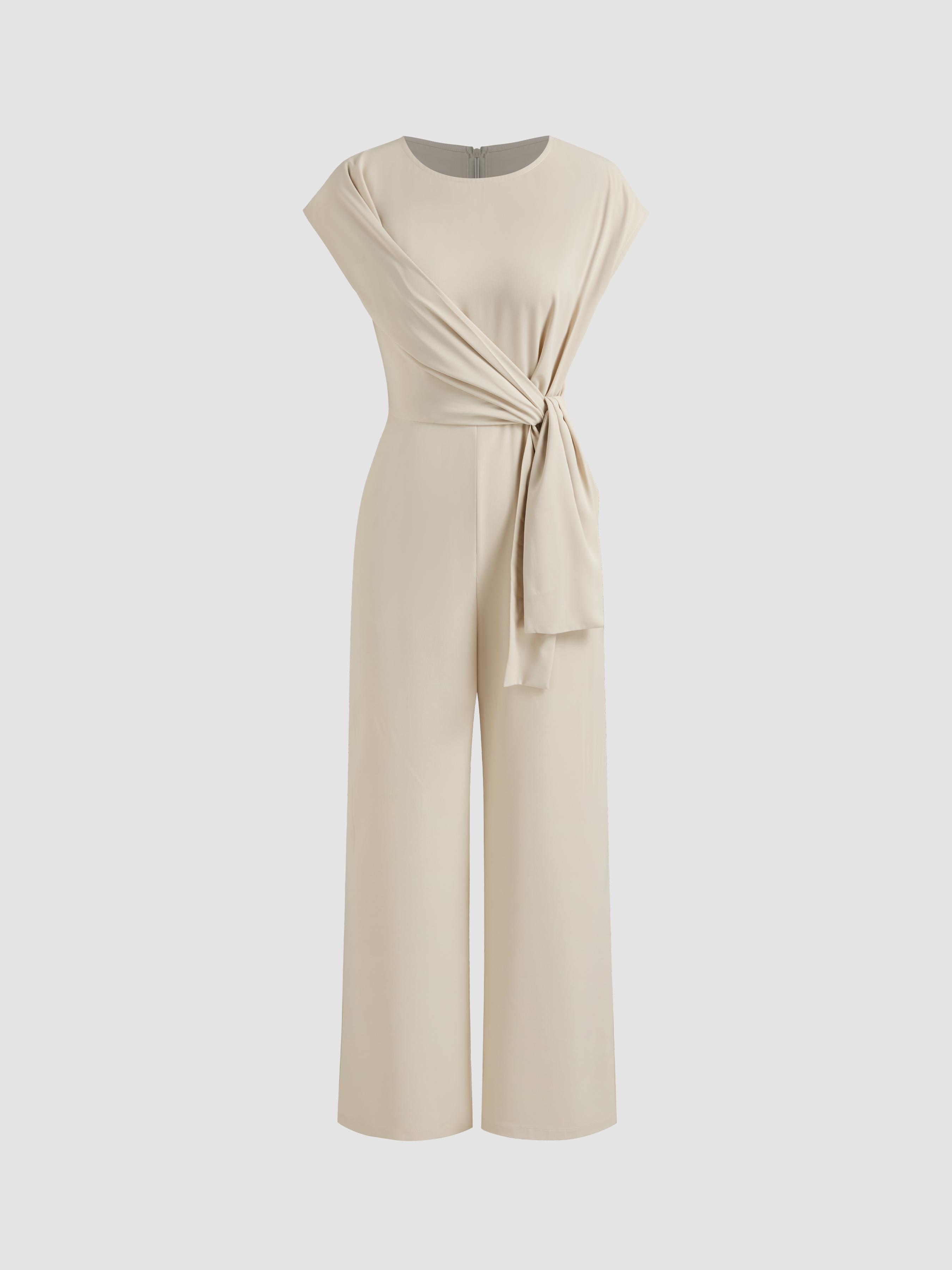 Round Neckline Solid Knotted Pocket Straight Leg Jumpsuit Product Image