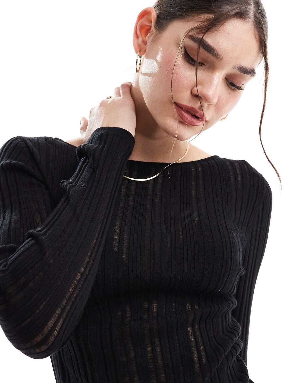 & Other Stories semi sheer fine knit top in black Product Image