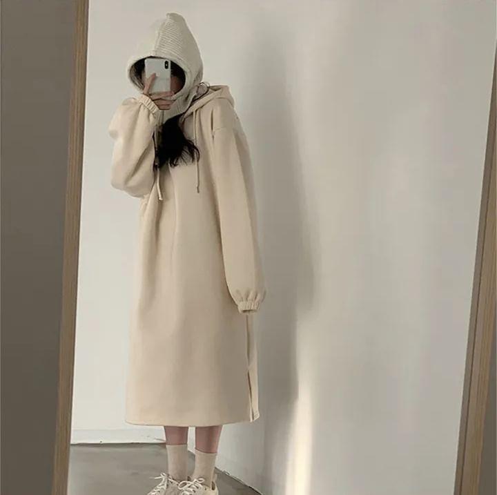 Long Sleeve V-Neck Loose Hoodie Pullover Dress Product Image