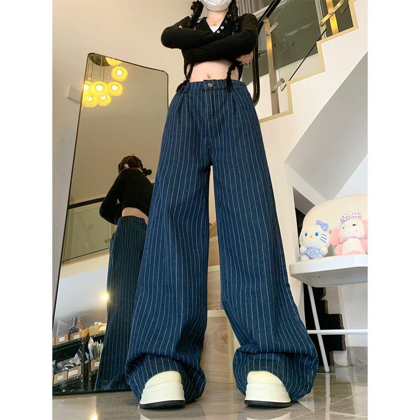 High Waist Striped Loose-Fit Wide-Leg Jeans Product Image