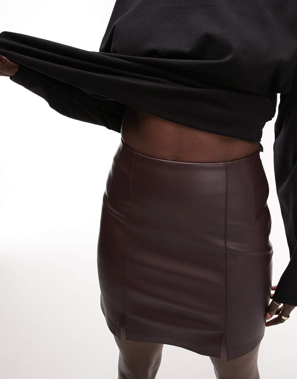 Topshop Tall leather look split detail mini skirt Product Image