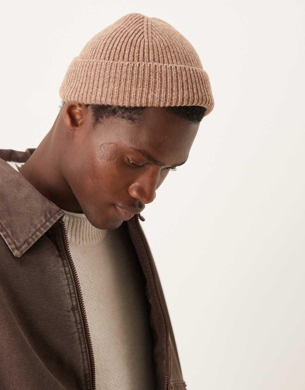 ASOS DESIGN lambswool mini fisherman ribbed beanie in brown Product Image