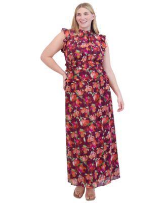 Plus Size Printed Chiffon Ruffle Maxi Dress Product Image