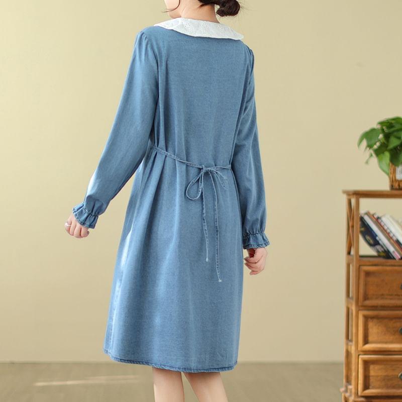 Long-Sleeve Collared Denim A-Line Shirt Dress Product Image