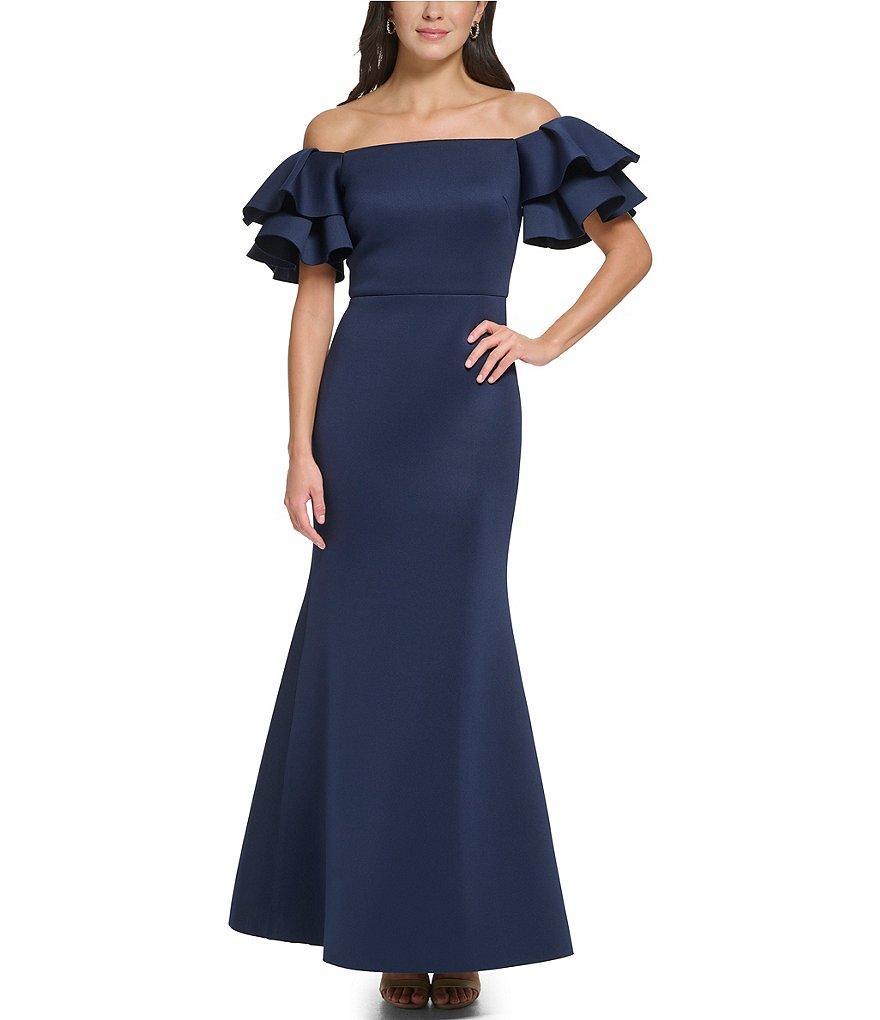 Eliza J Stretch Scuba Crepe Off-The-Shoulder Tiered Ruffle Short Sleeve Mermaid Gown Product Image