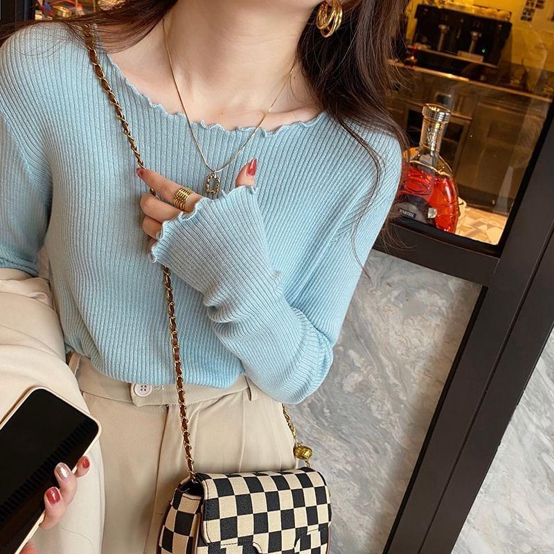 Long Sleeve Crew Neck Plain Ribbed Knit Top Product Image