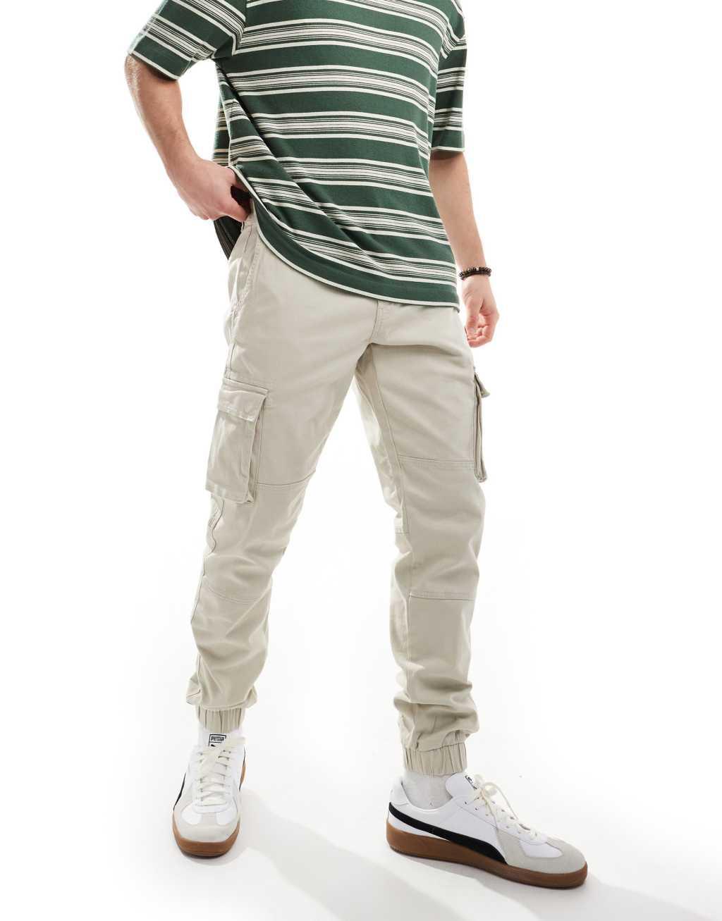 Only & Sons tapered fit cargo pants with cuffed bottoms in sand Product Image