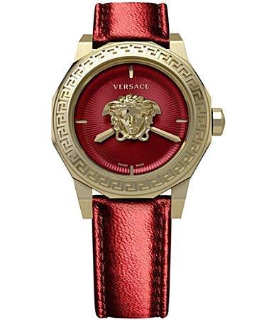 Versace Womens Medusa Deco Quartz Analog Red Leather Strap Watch - IP Yellow Gold Product Image