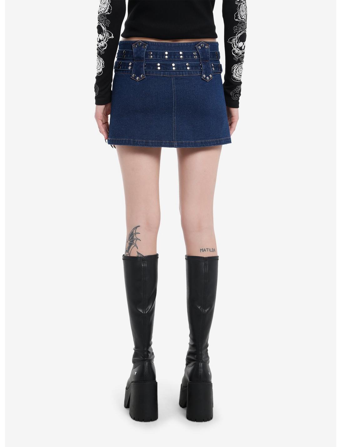 Social Collision Indigo Double-Belted Denim Mini Skirt Product Image