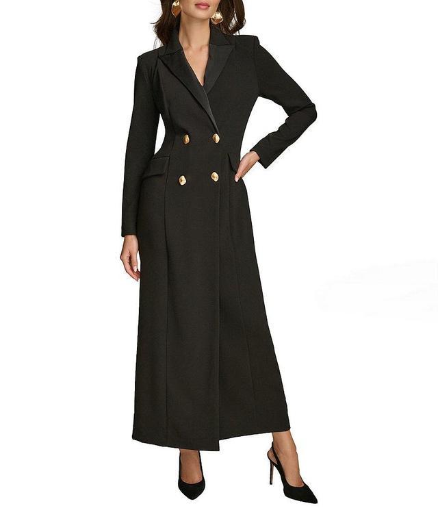 Donna Karan V-Neck Long Sleeve Side Slit Crepe and Satin Long Jacket Dress Product Image