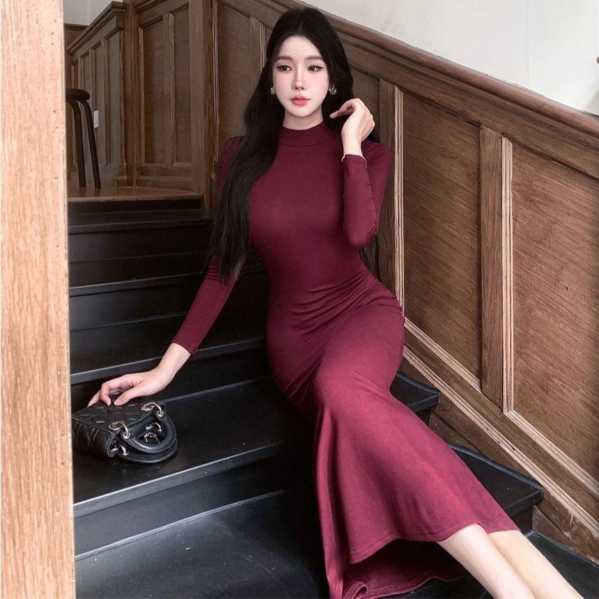 Long-Sleeve Mock Neck Plain Midi Sheath Dress Product Image