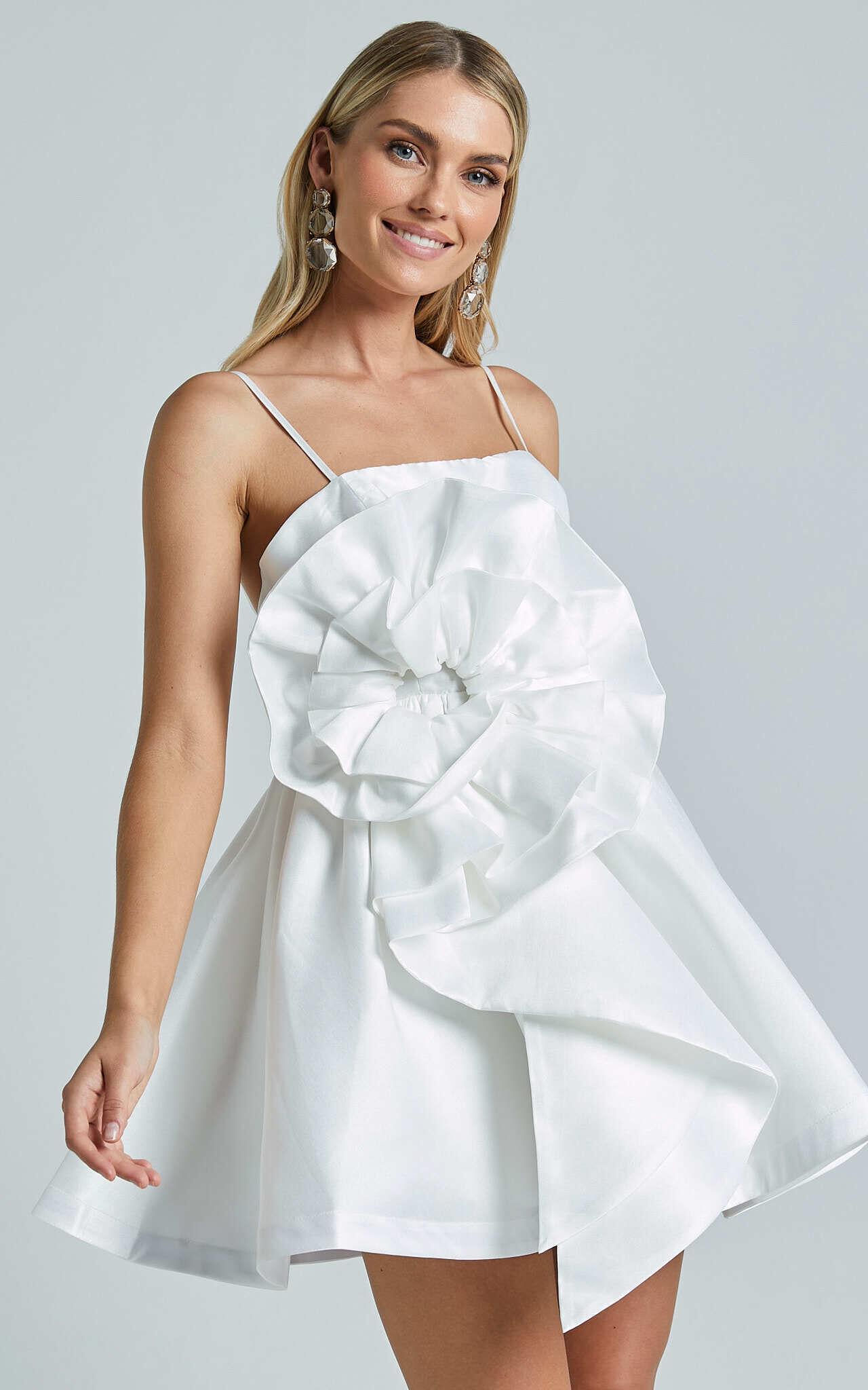 Seana Mini Dress - Sculptural Flower Dress in White Product Image