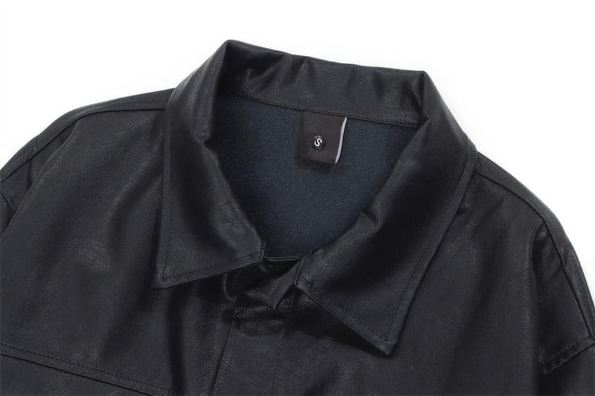 Collared Plain Button-Up Faux Leather Jacket Product Image