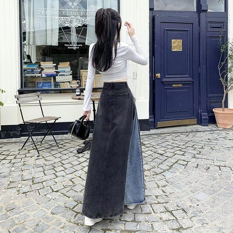 High Waist Two Tone Washed Denim Maxi A-Line Skirt Product Image