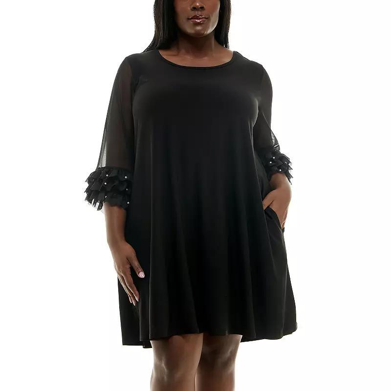 Plus Size Nina Leonard Mesh Ruffle Sleeve Mini Trapeze Dress, Womens Blue Product Image